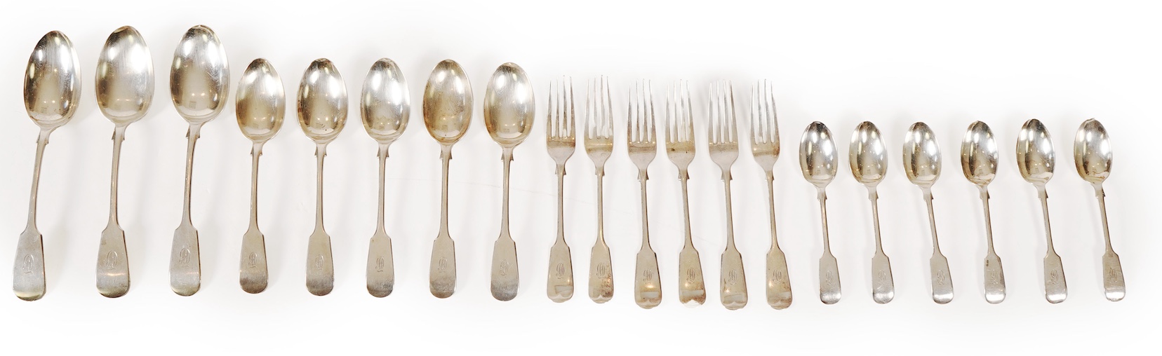 A George V silver part canteen of fiddle pattern flatware by John Round